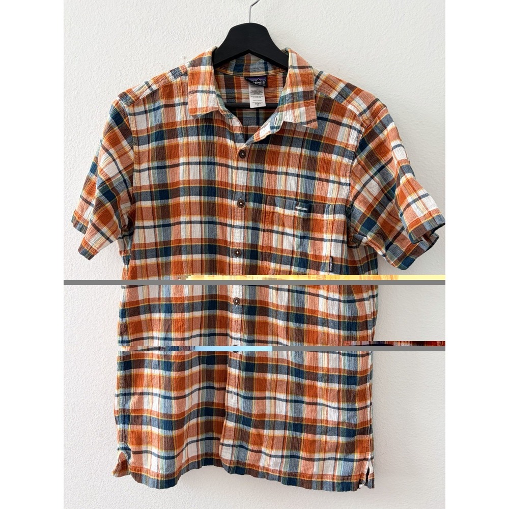Patagonia Organic Cotton Mens Medium Plaid Short Sleeve Button Down Shirt Orange